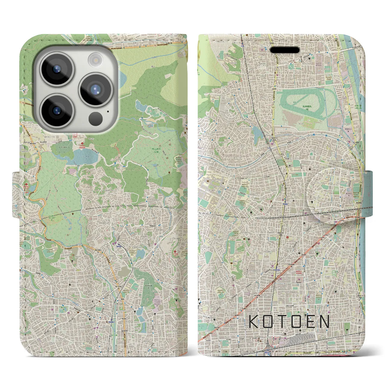 【甲東園(兵庫県)】地図柄iPhoneケース(手帳タイプ)ナチュラル・iPhone 15 Pro 用