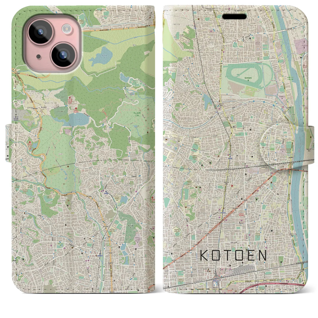 【甲東園(兵庫県)】地図柄iPhoneケース(手帳タイプ)ナチュラル・iPhone 15 Plus 用