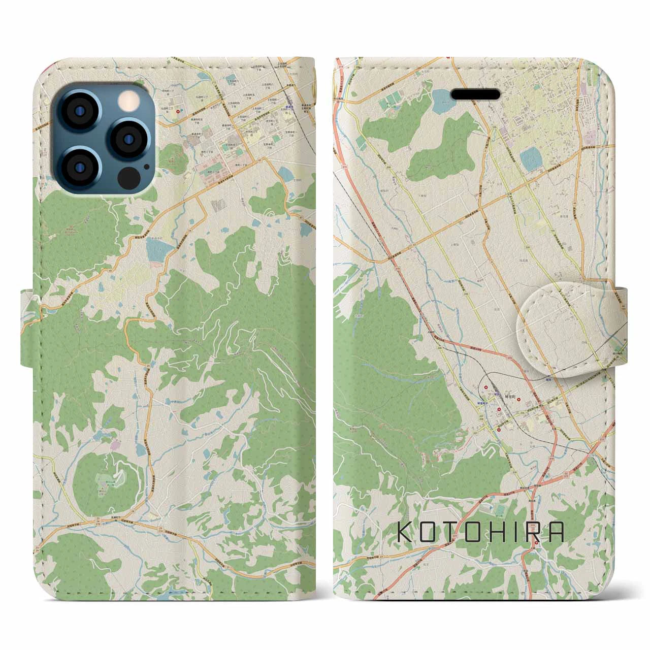 【琴平(香川県)】地図柄iPhoneケース(手帳タイプ)ナチュラル・iPhone 12 / 12 Pro 用