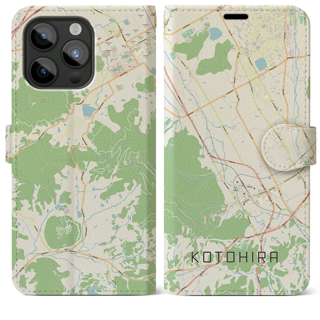 【琴平(香川県)】地図柄iPhoneケース(手帳タイプ)ナチュラル・iPhone 15 Pro Max 用