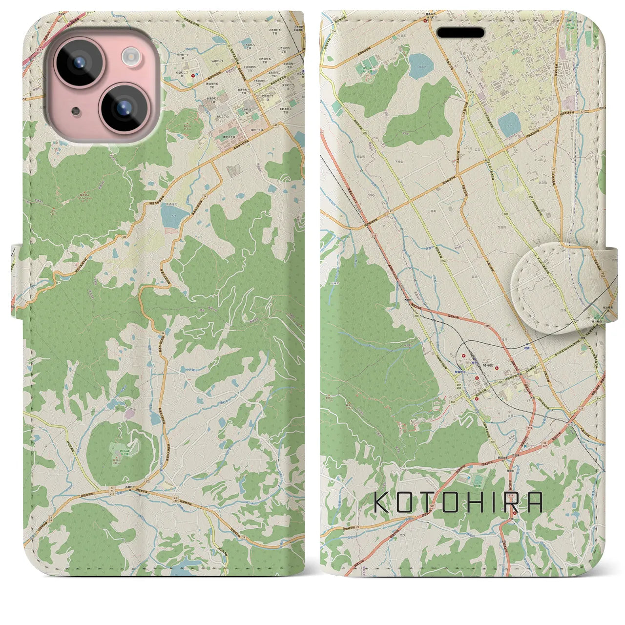 【琴平(香川県)】地図柄iPhoneケース(手帳タイプ)ナチュラル・iPhone 15 Plus 用