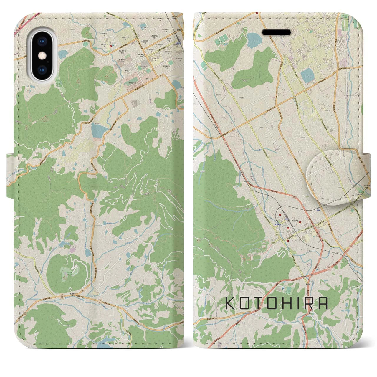 【琴平(香川県)】地図柄iPhoneケース(手帳タイプ)ナチュラル・iPhone XS Max 用