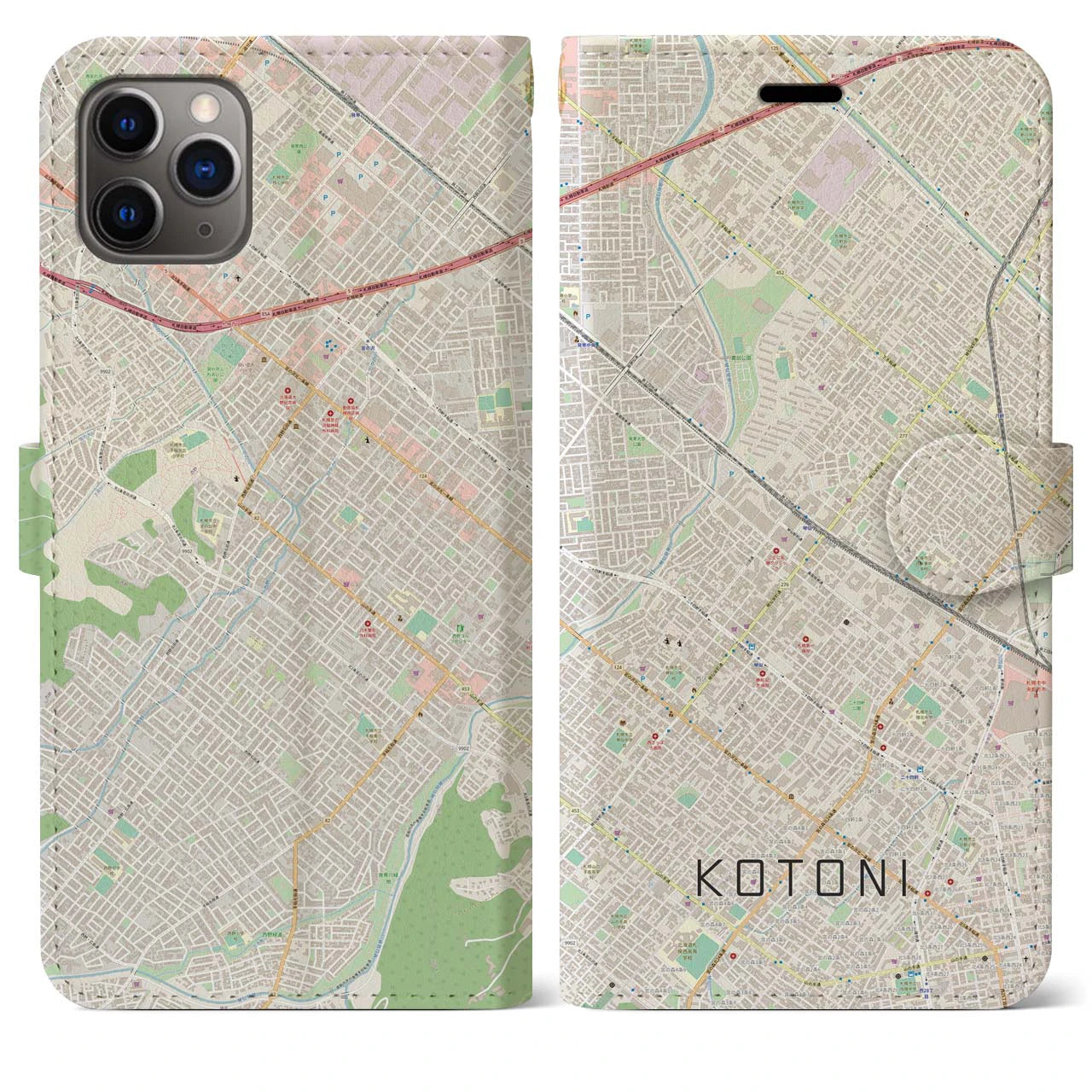 【琴似(北海道)】地図柄iPhoneケース(手帳タイプ)ナチュラル・iPhone 11 Pro Max 用