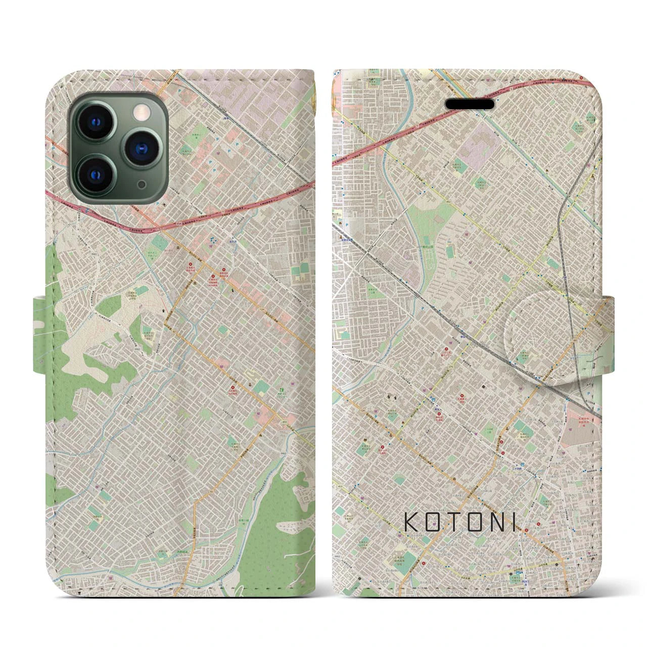 【琴似(北海道)】地図柄iPhoneケース(手帳タイプ)ナチュラル・iPhone 11 Pro 用