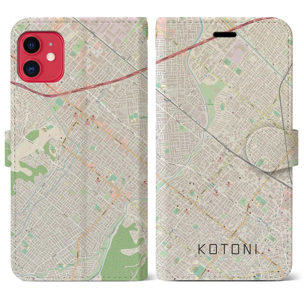 【琴似(北海道)】地図柄iPhoneケース(手帳タイプ)ナチュラル・iPhone 11 用