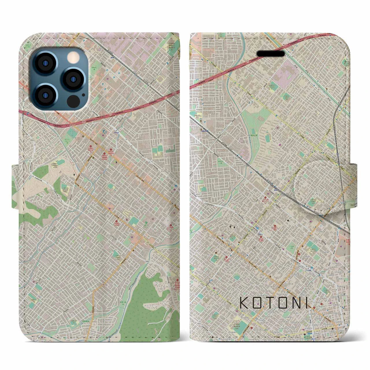 【琴似(北海道)】地図柄iPhoneケース(手帳タイプ)ナチュラル・iPhone 12 / 12 Pro 用