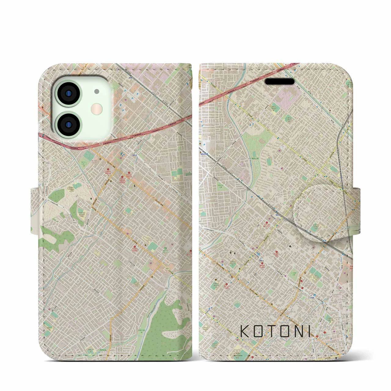 【琴似(北海道)】地図柄iPhoneケース(手帳タイプ)ナチュラル・iPhone 12 mini 用