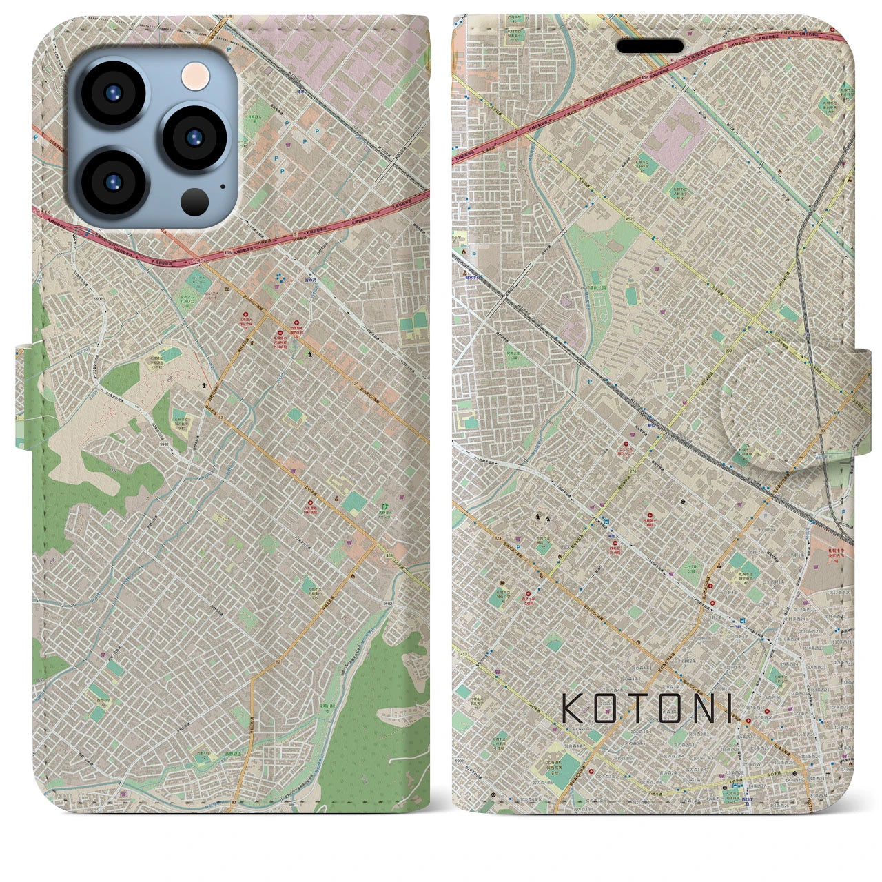 【琴似(北海道)】地図柄iPhoneケース(手帳タイプ)ナチュラル・iPhone 13 Pro Max 用