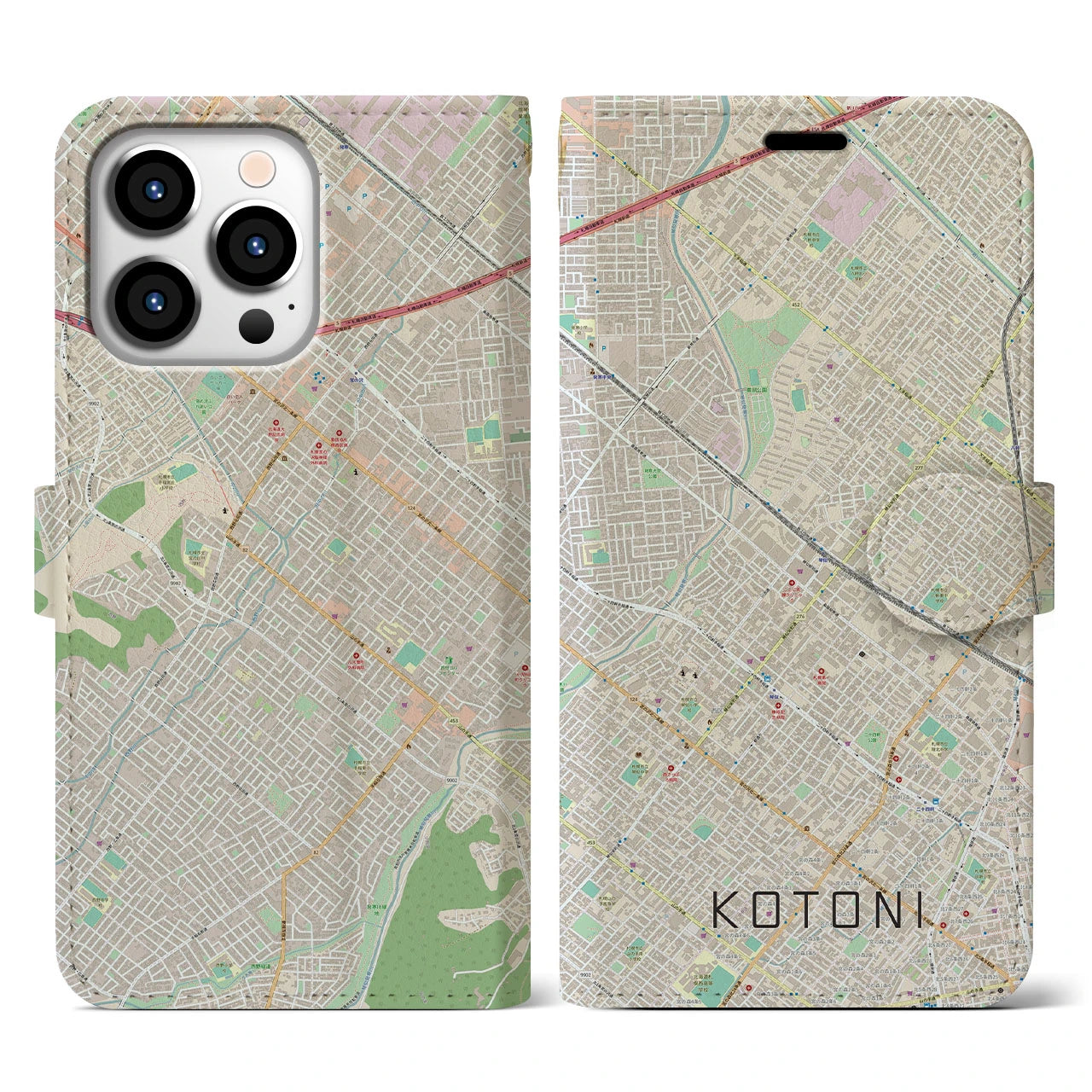 【琴似(北海道)】地図柄iPhoneケース(手帳タイプ)ナチュラル・iPhone 13 Pro 用