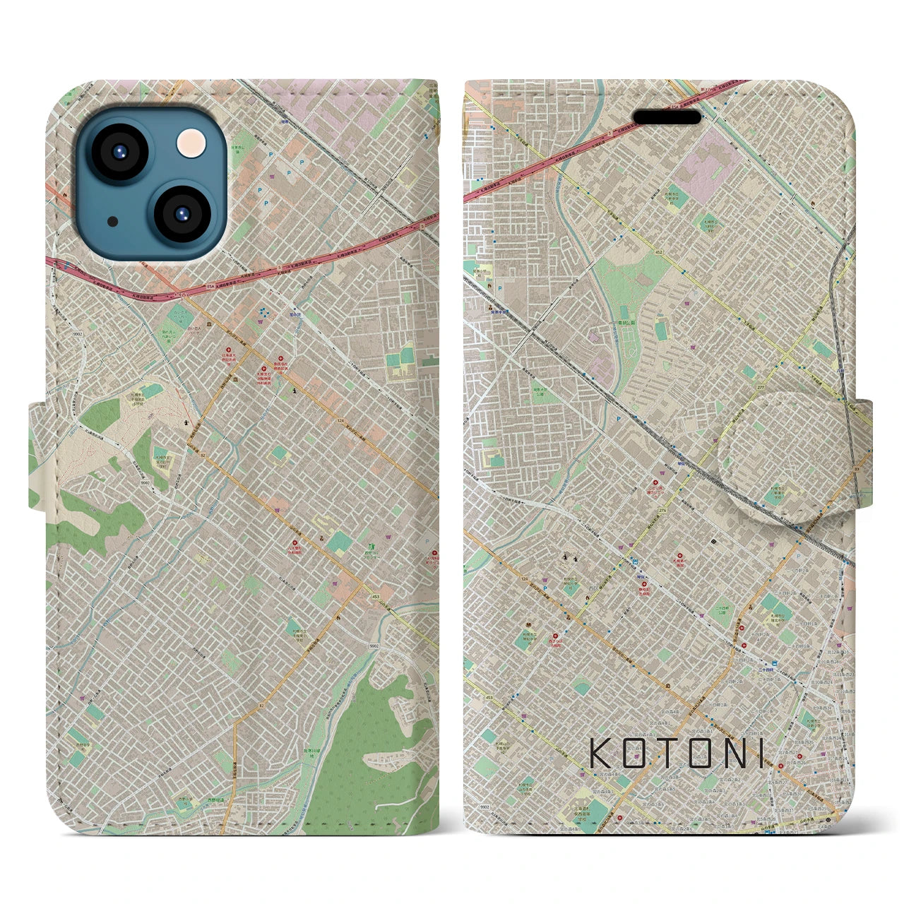 【琴似(北海道)】地図柄iPhoneケース(手帳タイプ)ナチュラル・iPhone 13 用
