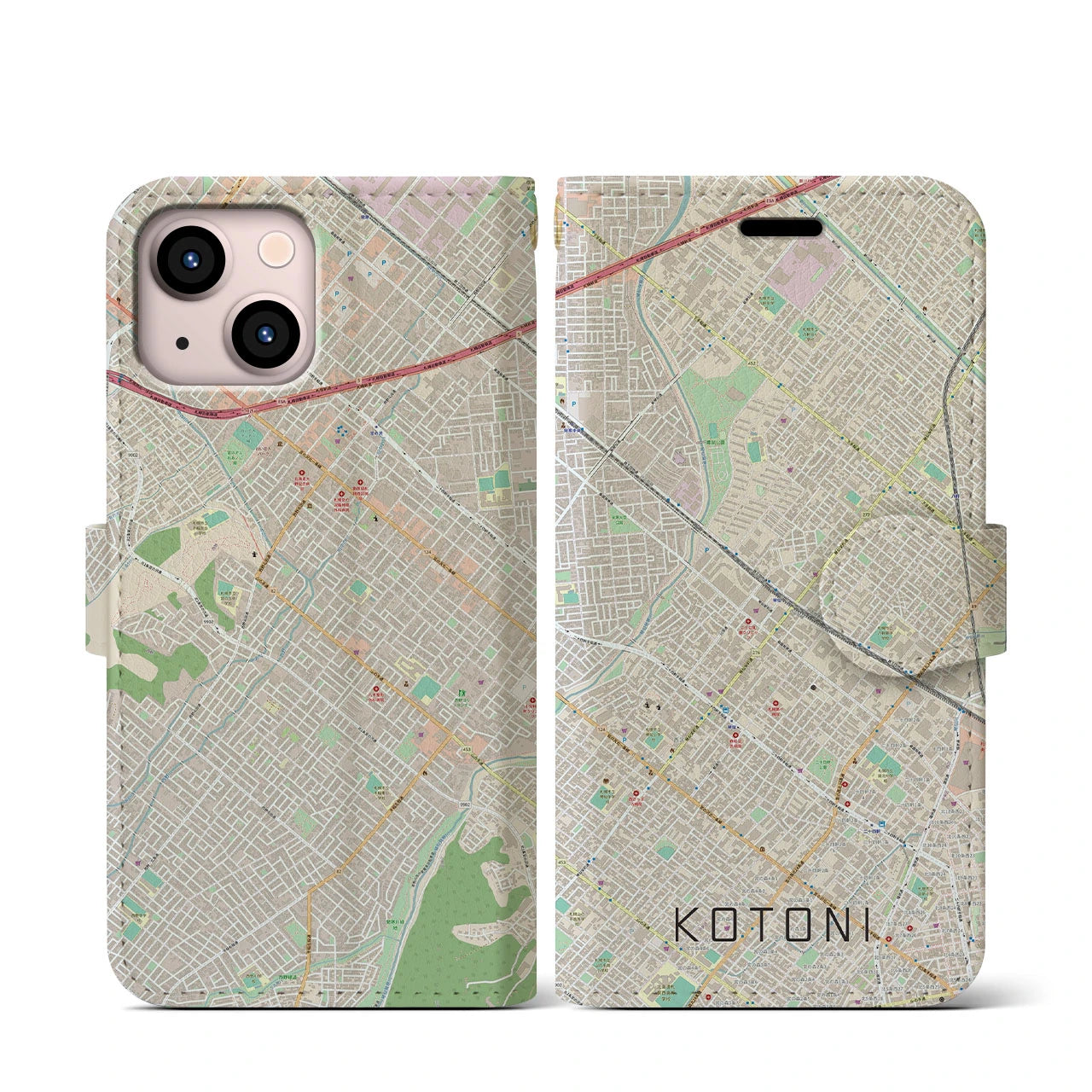 【琴似(北海道)】地図柄iPhoneケース(手帳タイプ)ナチュラル・iPhone 13 mini 用