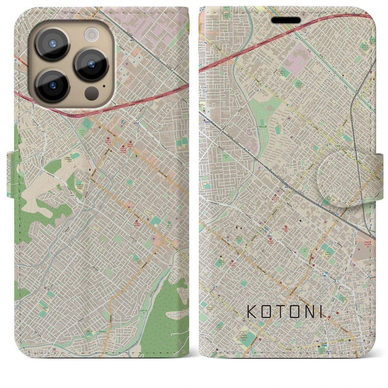 【琴似(北海道)】地図柄iPhoneケース(手帳タイプ)ナチュラル・iPhone 14 Pro Max 用