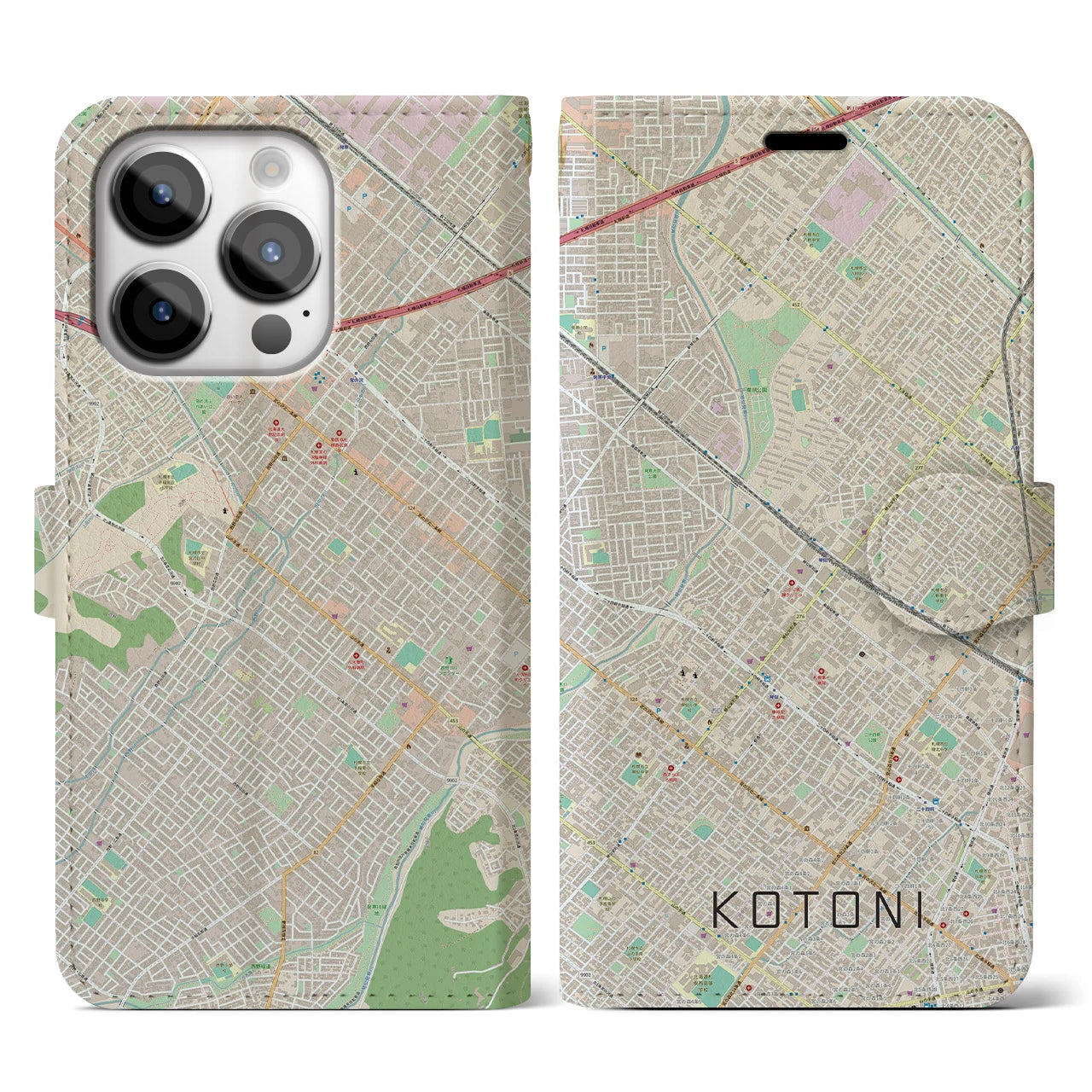 【琴似(北海道)】地図柄iPhoneケース(手帳タイプ)ナチュラル・iPhone 14 Pro 用
