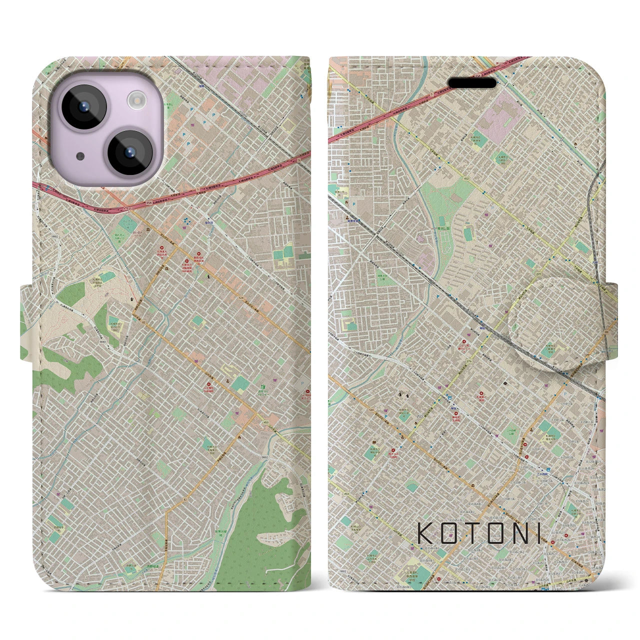 【琴似(北海道)】地図柄iPhoneケース(手帳タイプ)ナチュラル・iPhone 14 用