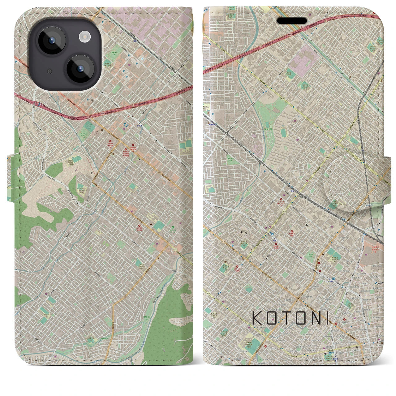 【琴似(北海道)】地図柄iPhoneケース(手帳タイプ)ナチュラル・iPhone 14 Plus 用