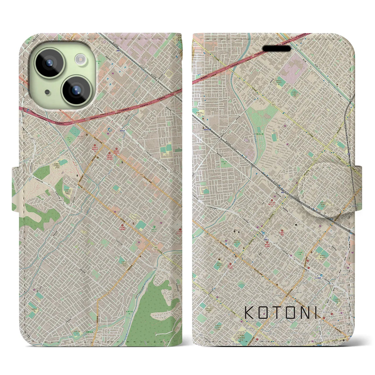 【琴似(北海道)】地図柄iPhoneケース(手帳タイプ)ナチュラル・iPhone 15 用