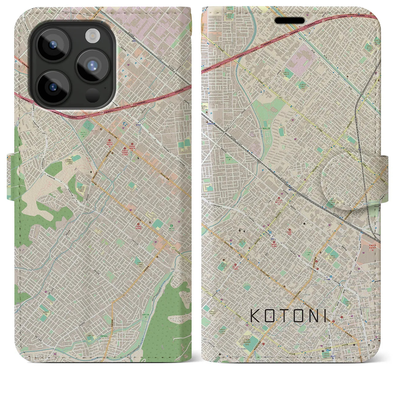 【琴似(北海道)】地図柄iPhoneケース(手帳タイプ)ナチュラル・iPhone 15 Pro Max 用