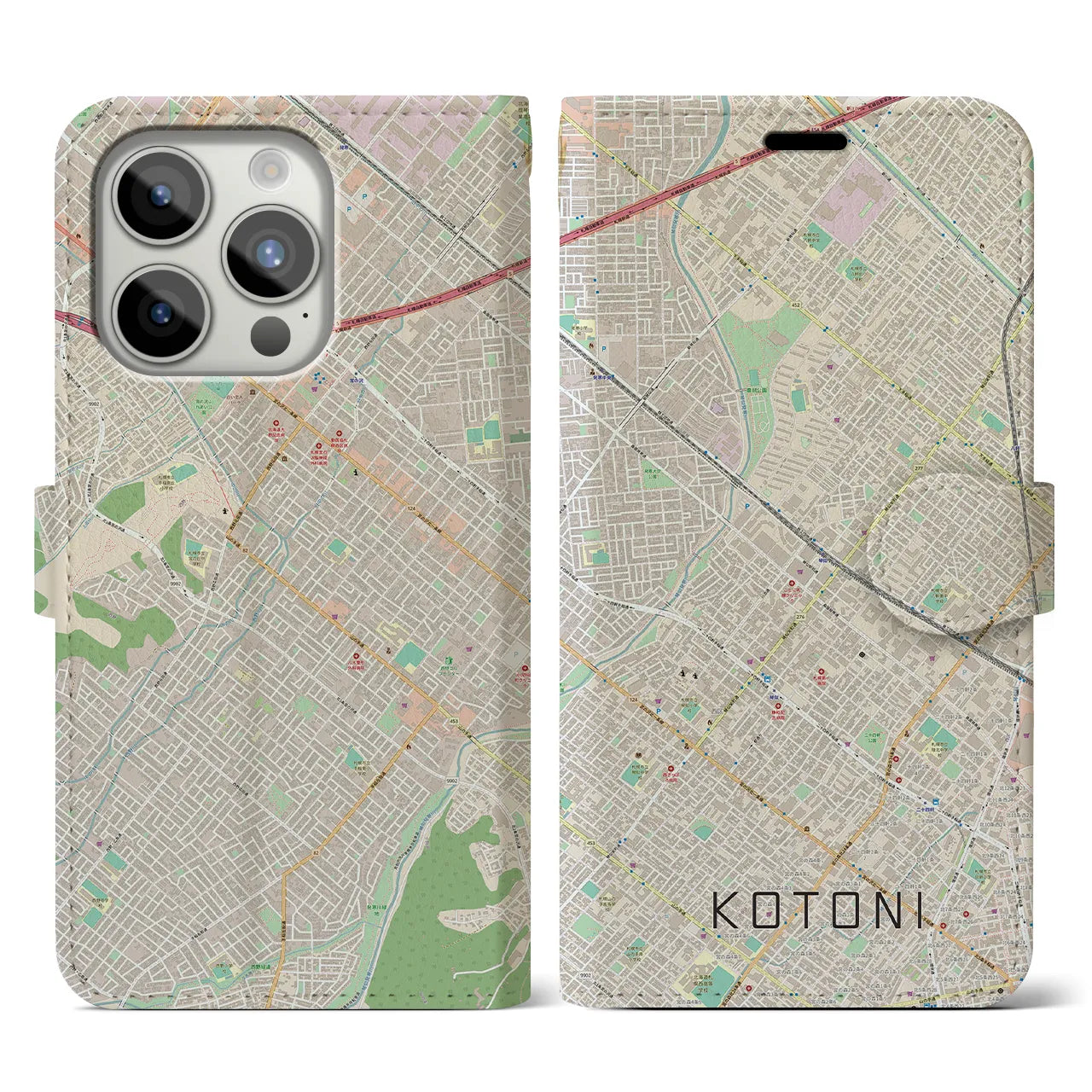 【琴似(北海道)】地図柄iPhoneケース(手帳タイプ)ナチュラル・iPhone 15 Pro 用