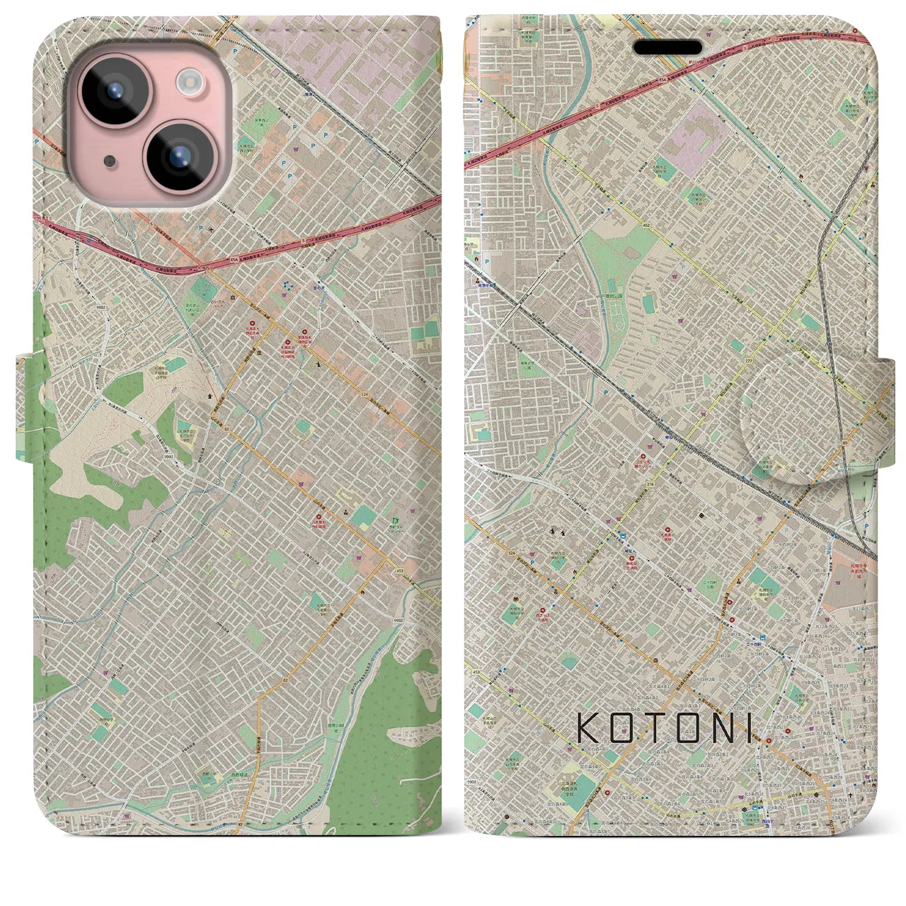 【琴似(北海道)】地図柄iPhoneケース(手帳タイプ)ナチュラル・iPhone 15 Plus 用