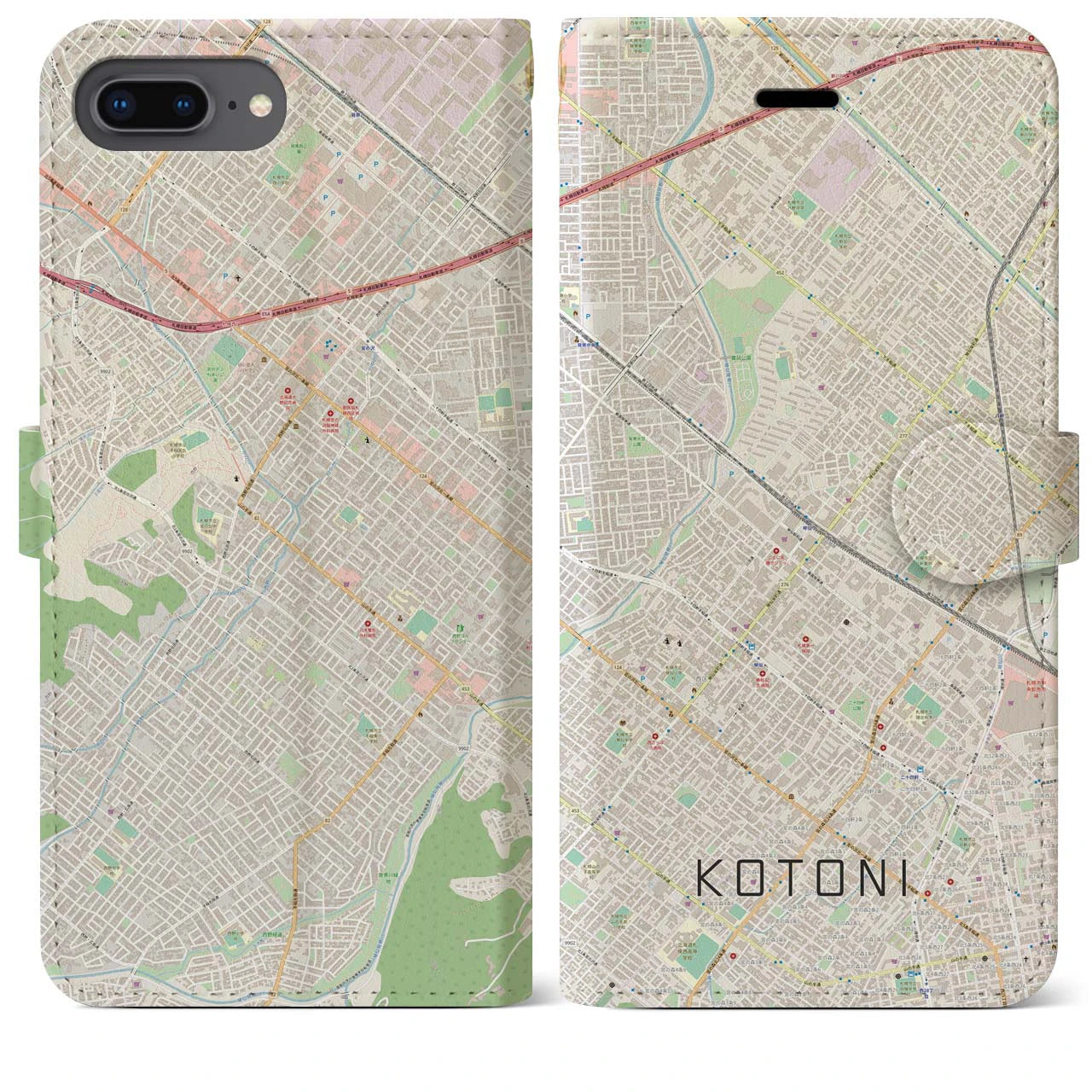 【琴似(北海道)】地図柄iPhoneケース(手帳タイプ)ナチュラル・iPhone 8Plus /7Plus / 6sPlus / 6Plus 用
