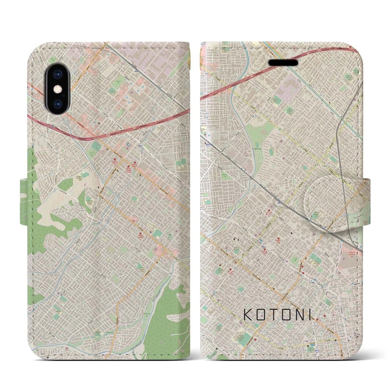 【琴似(北海道)】地図柄iPhoneケース(手帳タイプ)ナチュラル・iPhone XS / X 用