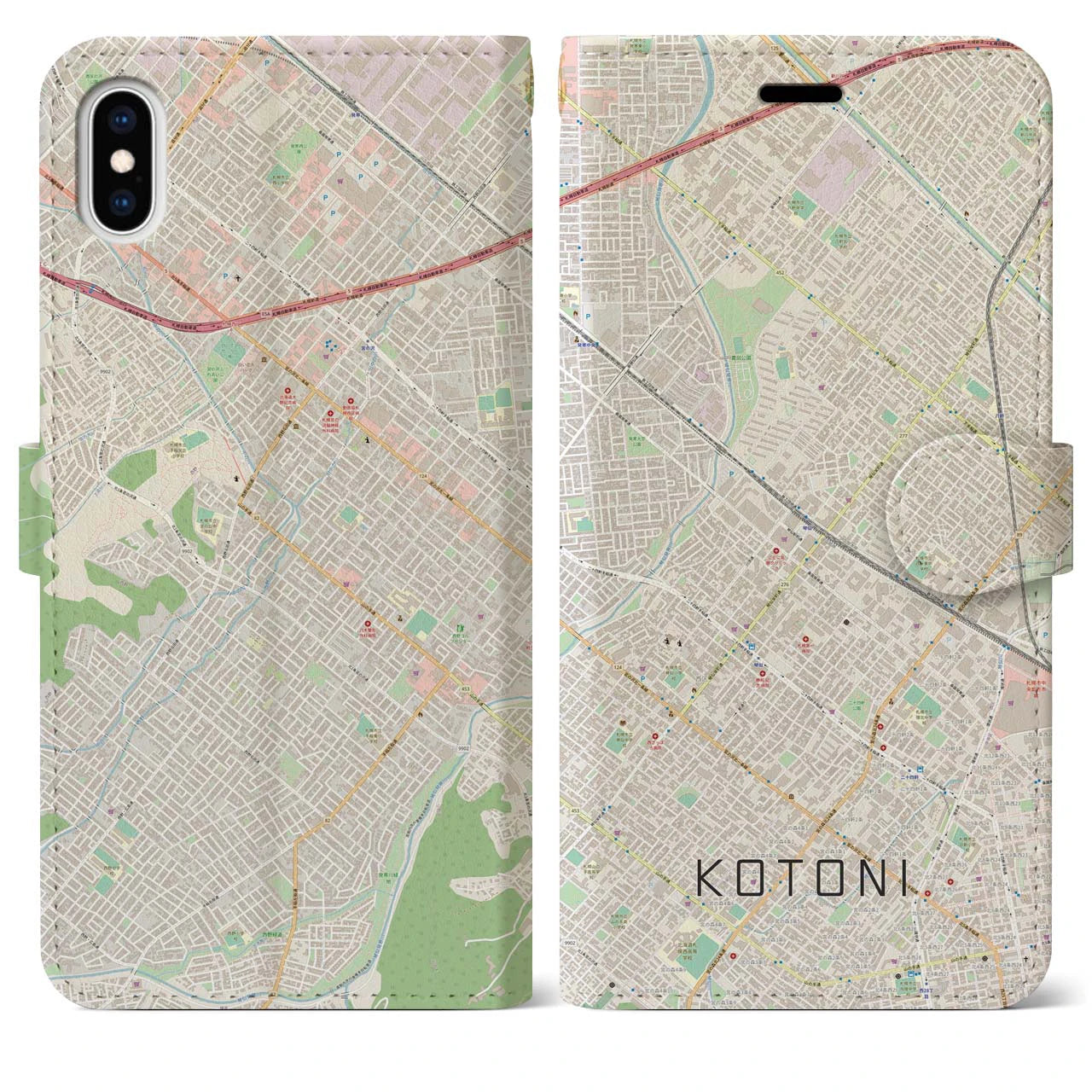 【琴似(北海道)】地図柄iPhoneケース(手帳タイプ)ナチュラル・iPhone XS Max 用