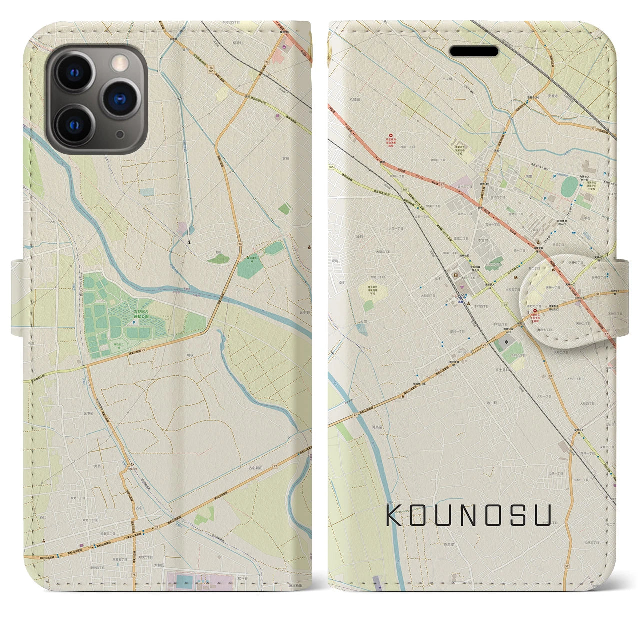 【鴻巣(埼玉県)】地図柄iPhoneケース(手帳タイプ)ナチュラル・iPhone 11 Pro Max 用