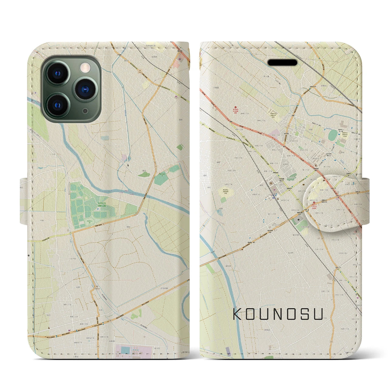 【鴻巣(埼玉県)】地図柄iPhoneケース(手帳タイプ)ナチュラル・iPhone 11 Pro 用