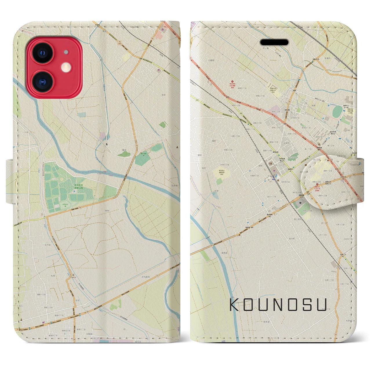 【鴻巣(埼玉県)】地図柄iPhoneケース(手帳タイプ)ナチュラル・iPhone 11 用