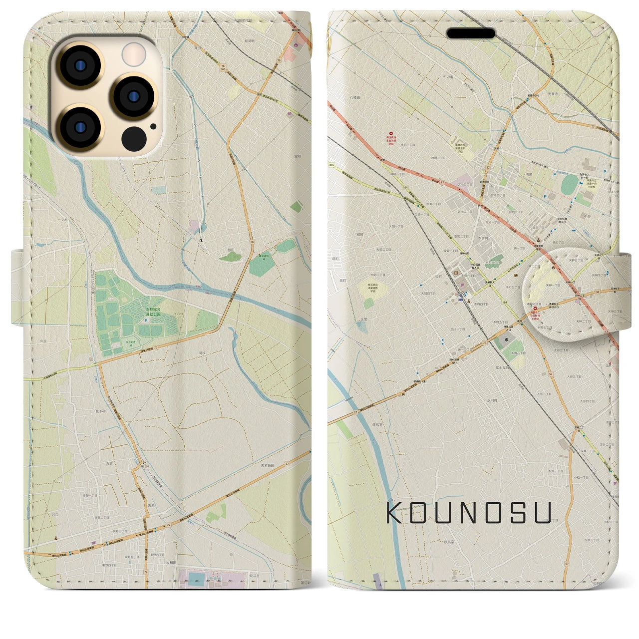 【鴻巣(埼玉県)】地図柄iPhoneケース(手帳タイプ)ナチュラル・iPhone 12 Pro Max 用