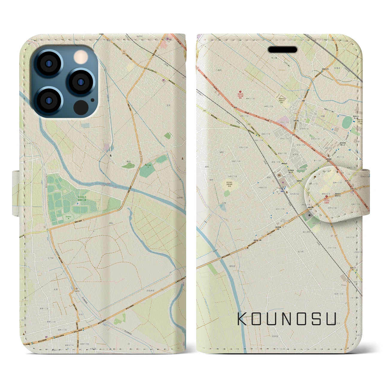 【鴻巣(埼玉県)】地図柄iPhoneケース(手帳タイプ)ナチュラル・iPhone 12 / 12 Pro 用