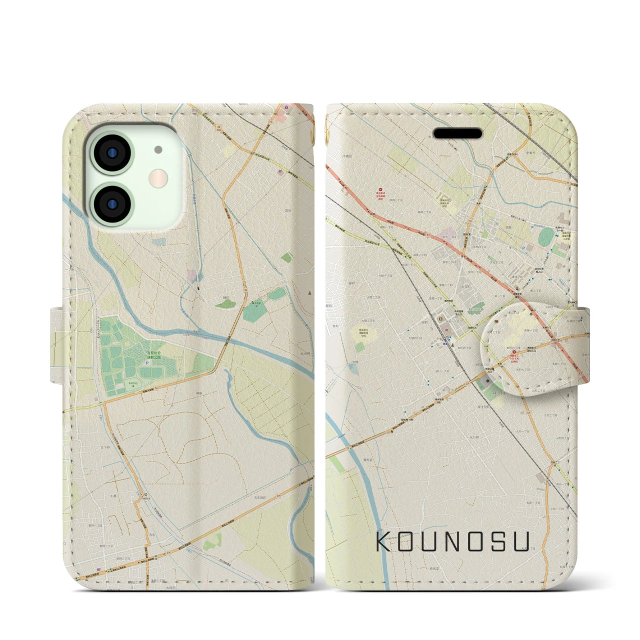 【鴻巣(埼玉県)】地図柄iPhoneケース(手帳タイプ)ナチュラル・iPhone 12 mini 用