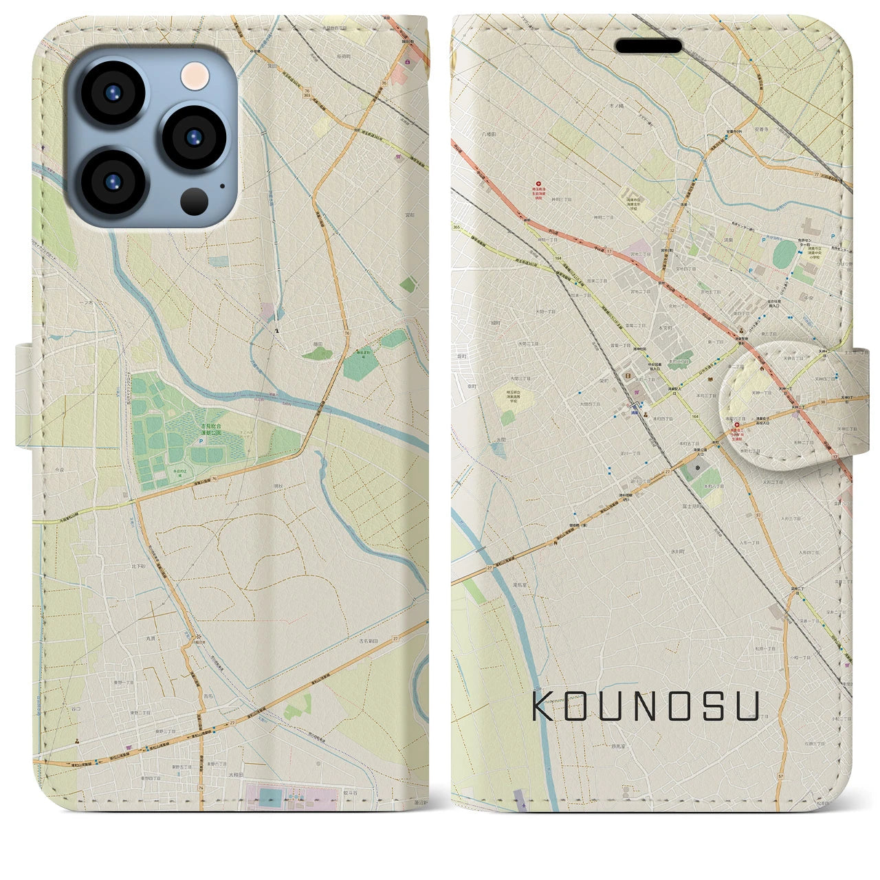 【鴻巣(埼玉県)】地図柄iPhoneケース(手帳タイプ)ナチュラル・iPhone 13 Pro Max 用