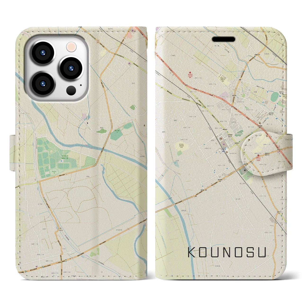 【鴻巣(埼玉県)】地図柄iPhoneケース(手帳タイプ)ナチュラル・iPhone 13 Pro 用