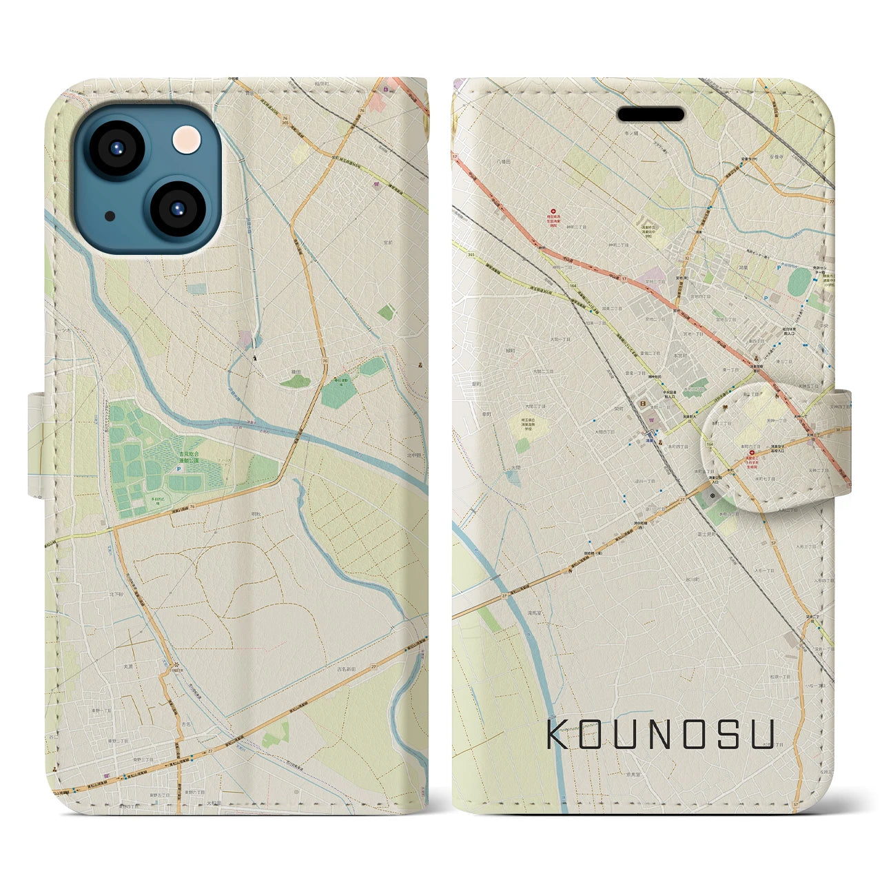 【鴻巣(埼玉県)】地図柄iPhoneケース(手帳タイプ)ナチュラル・iPhone 13 用