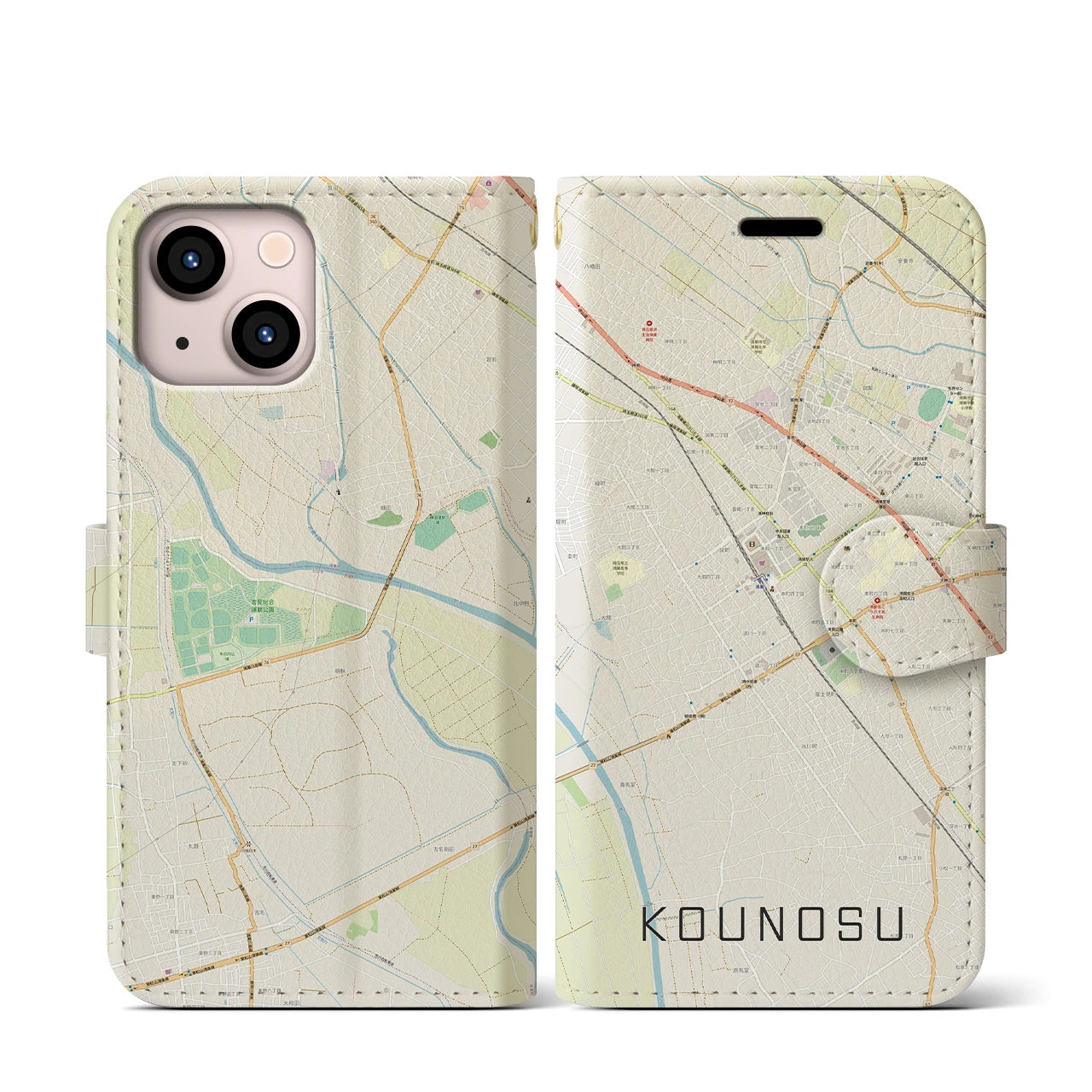 【鴻巣(埼玉県)】地図柄iPhoneケース(手帳タイプ)ナチュラル・iPhone 13 mini 用