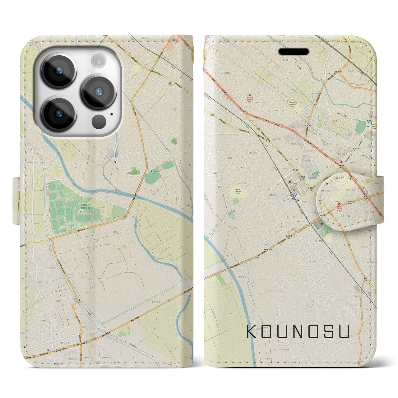 【鴻巣(埼玉県)】地図柄iPhoneケース(手帳タイプ)ナチュラル・iPhone 14 Pro 用