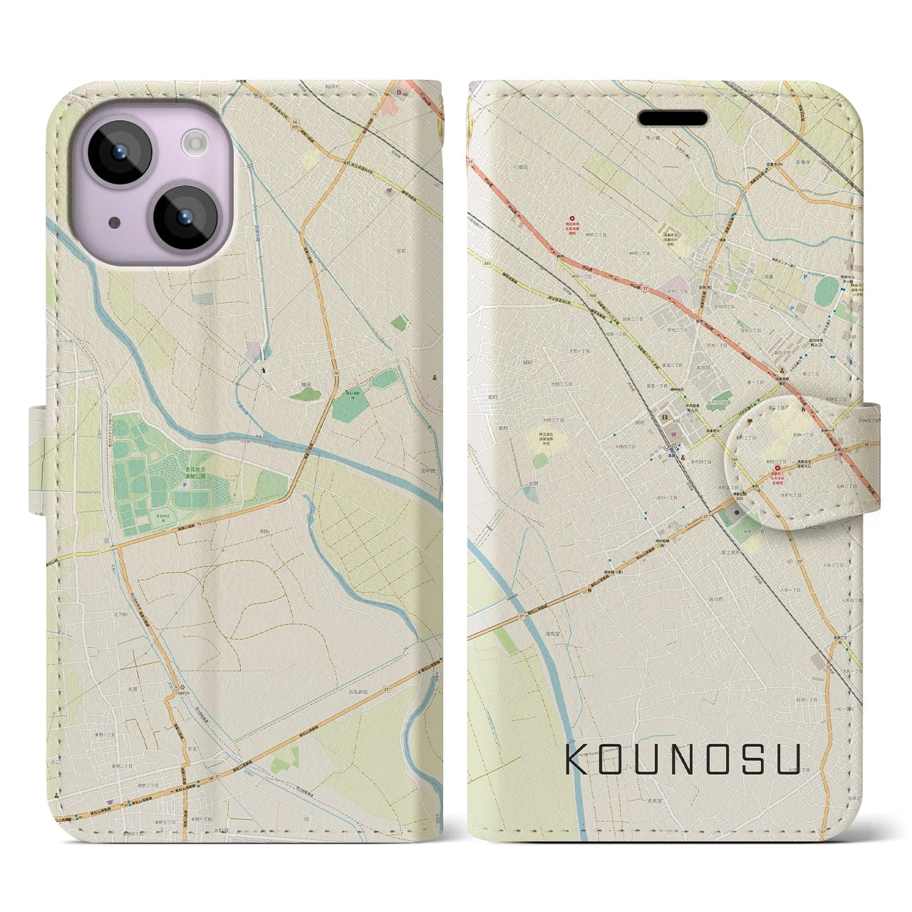 【鴻巣(埼玉県)】地図柄iPhoneケース(手帳タイプ)ナチュラル・iPhone 14 用