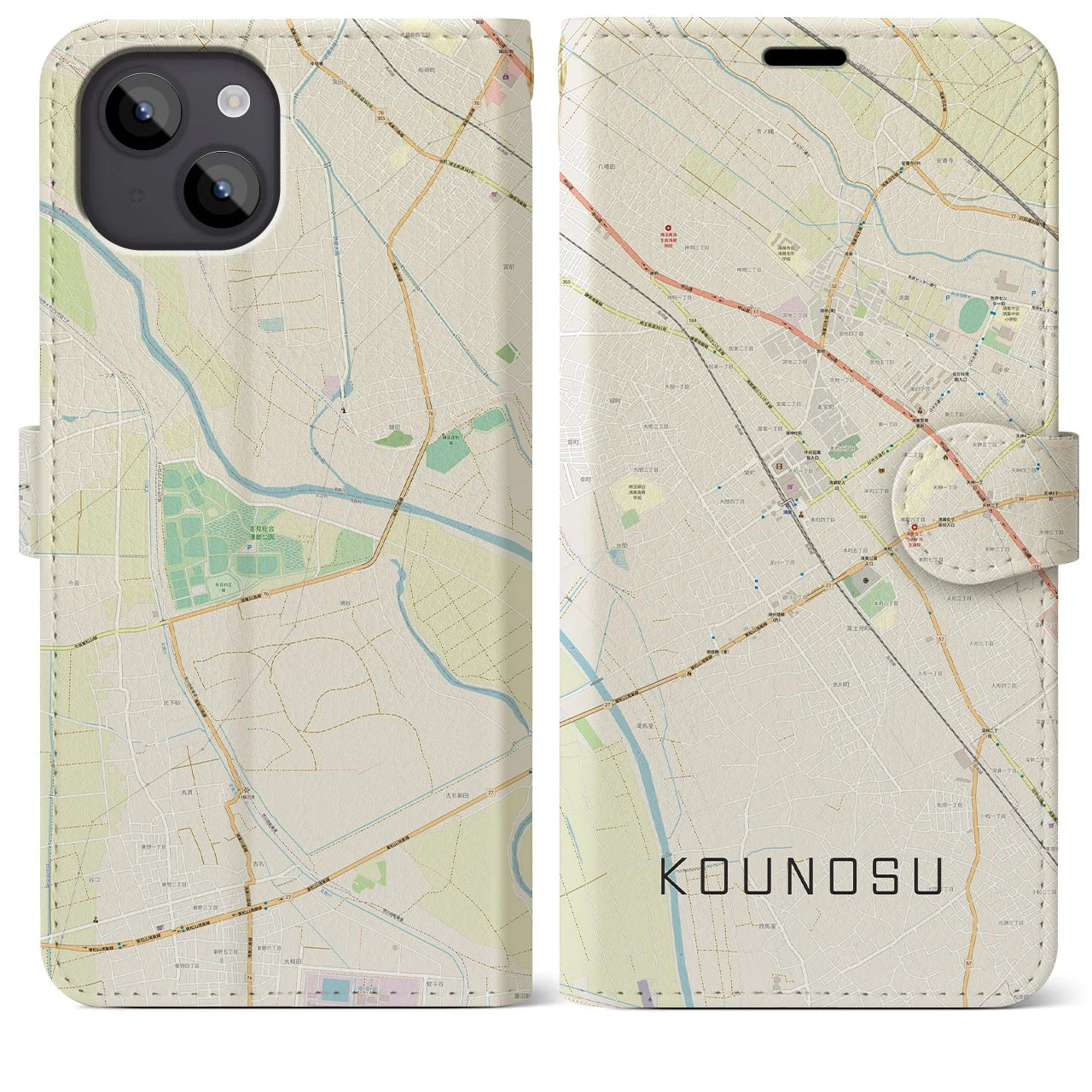 【鴻巣(埼玉県)】地図柄iPhoneケース(手帳タイプ)ナチュラル・iPhone 14 Plus 用