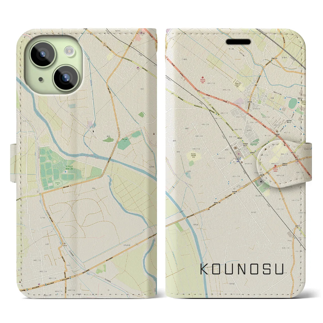 【鴻巣(埼玉県)】地図柄iPhoneケース(手帳タイプ)ナチュラル・iPhone 15 用