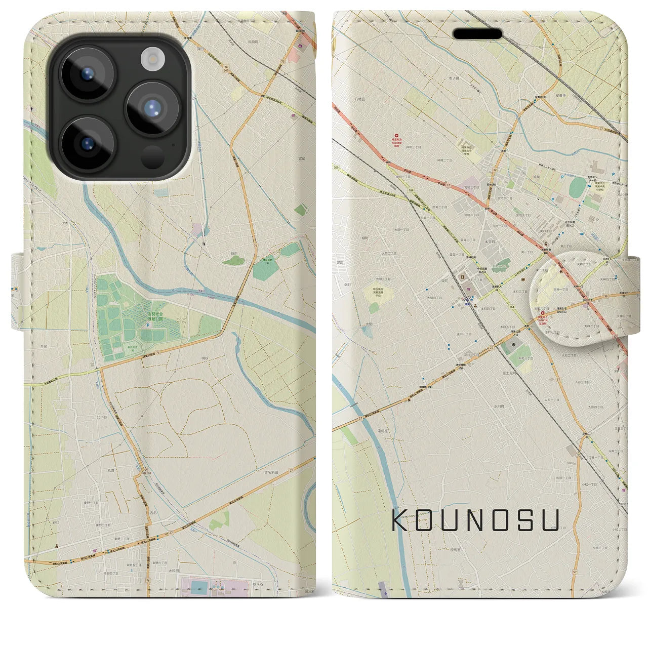 【鴻巣(埼玉県)】地図柄iPhoneケース(手帳タイプ)ナチュラル・iPhone 15 Pro Max 用
