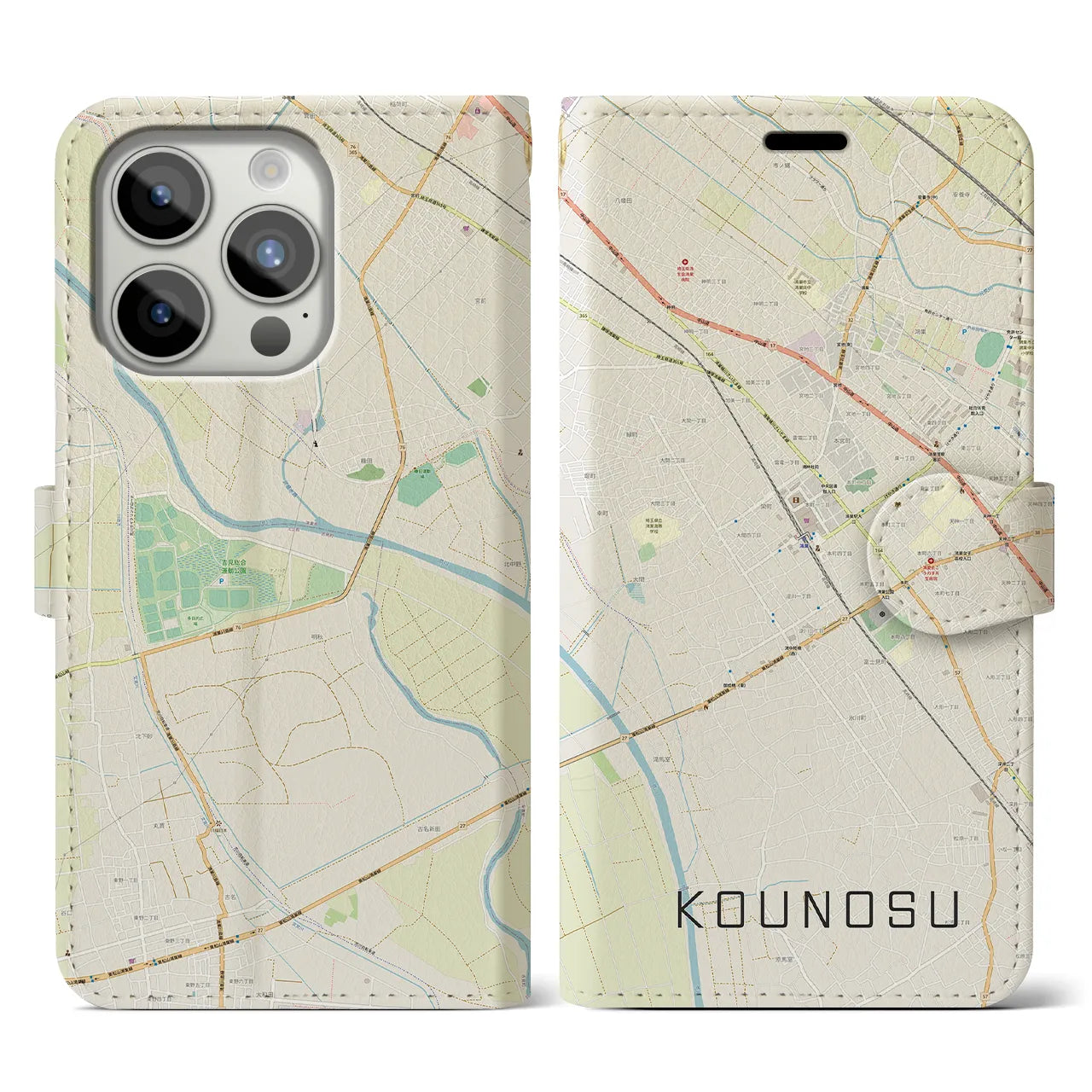 【鴻巣(埼玉県)】地図柄iPhoneケース(手帳タイプ)ナチュラル・iPhone 15 Pro 用