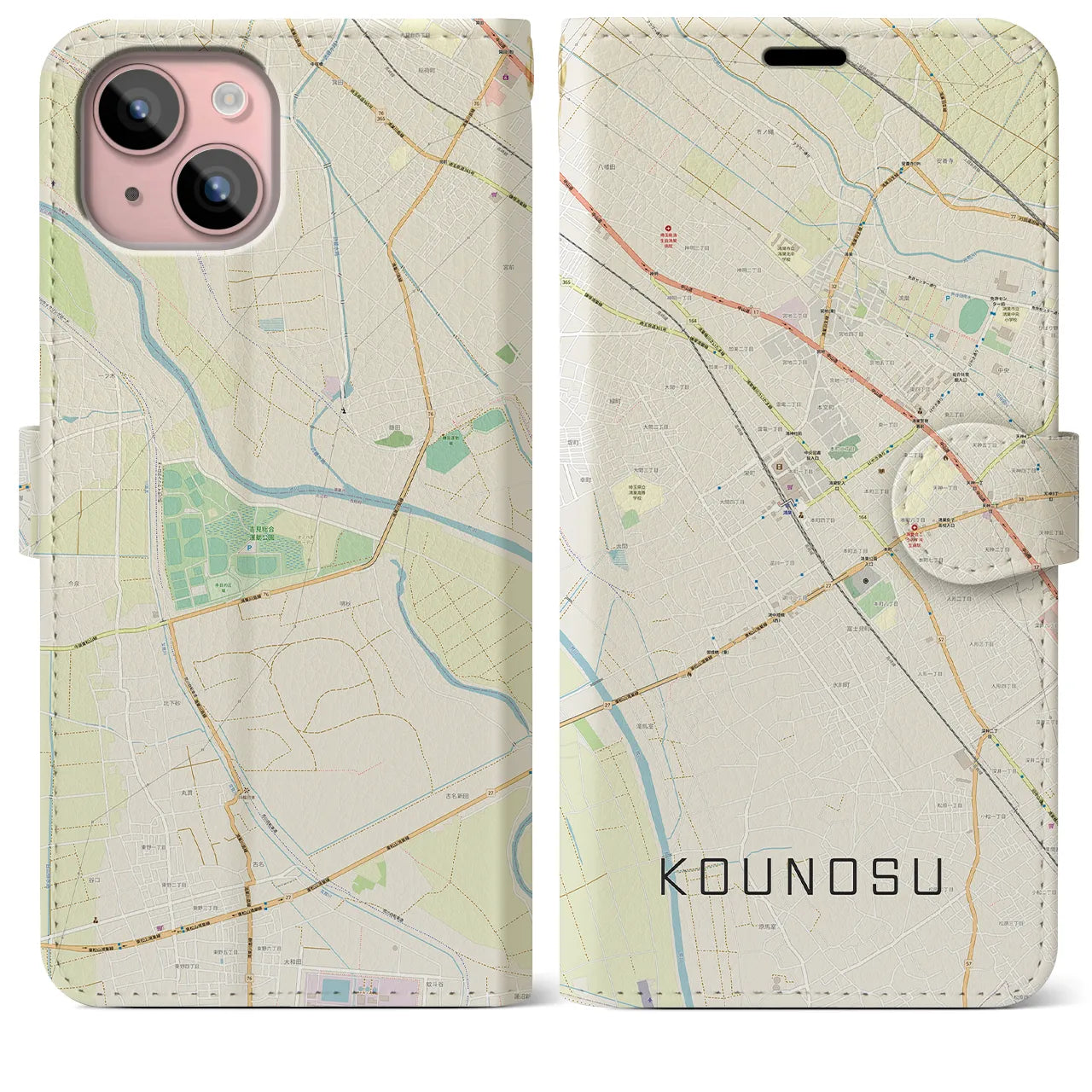 【鴻巣(埼玉県)】地図柄iPhoneケース(手帳タイプ)ナチュラル・iPhone 15 Plus 用