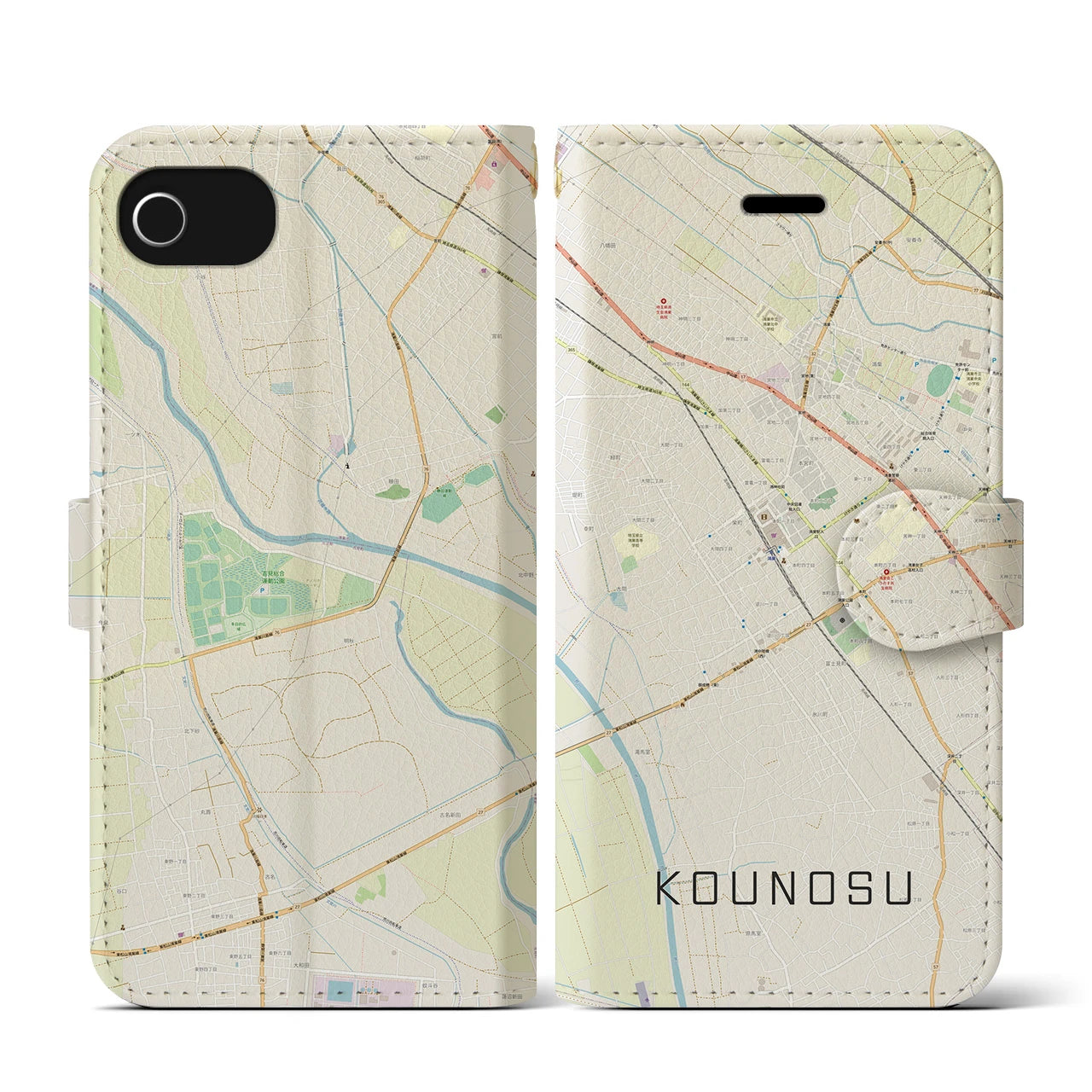 【鴻巣(埼玉県)】地図柄iPhoneケース(手帳タイプ)ナチュラル・iPhone SE(第3 / 第2世代) / 8 / 7 / 6s / 6 用