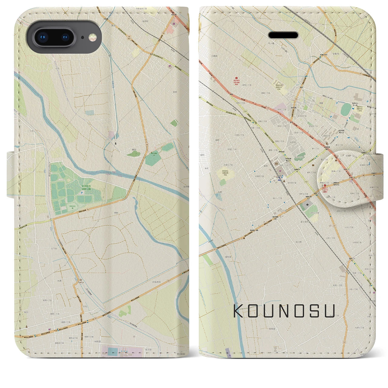 【鴻巣(埼玉県)】地図柄iPhoneケース(手帳タイプ)ナチュラル・iPhone 8Plus /7Plus / 6sPlus / 6Plus 用