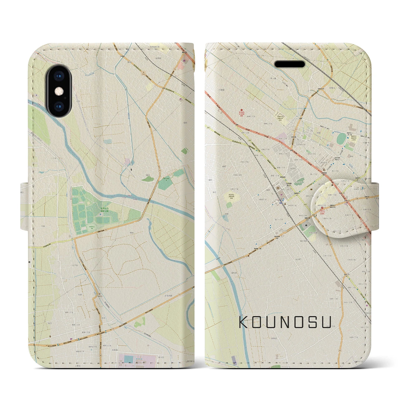 【鴻巣(埼玉県)】地図柄iPhoneケース(手帳タイプ)ナチュラル・iPhone XS / X 用