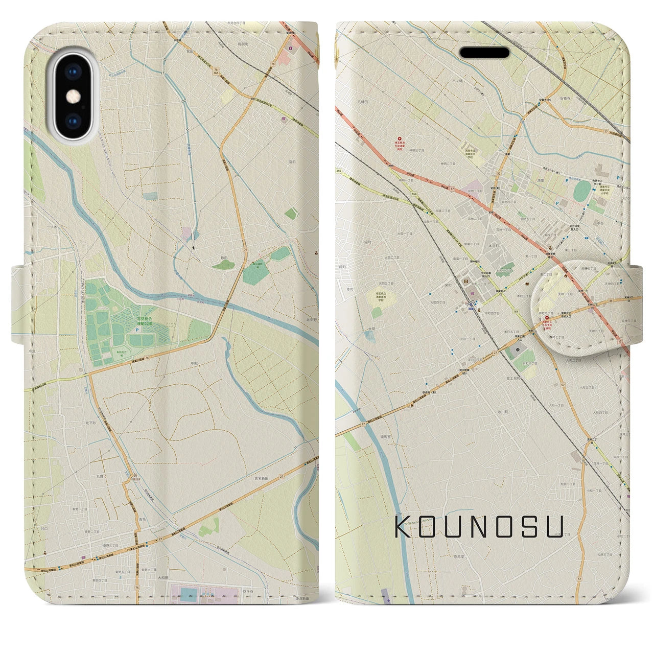 【鴻巣(埼玉県)】地図柄iPhoneケース(手帳タイプ)ナチュラル・iPhone XS Max 用