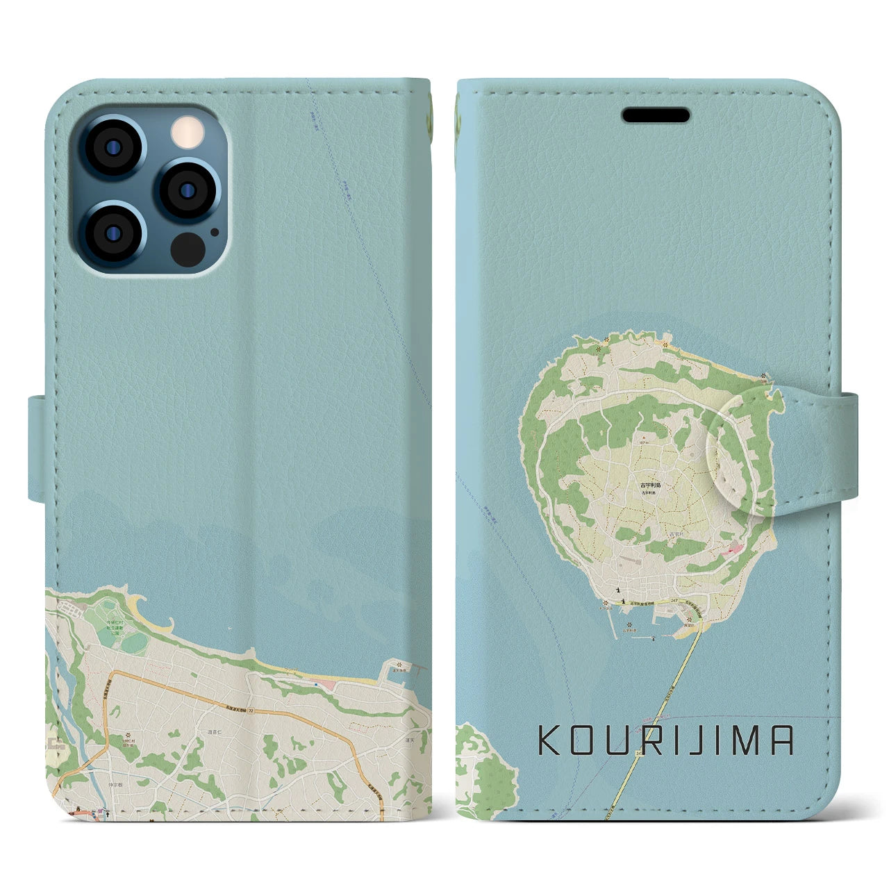 【古宇利島(沖縄県)】地図柄iPhoneケース(手帳タイプ)ナチュラル・iPhone 12 / 12 Pro 用