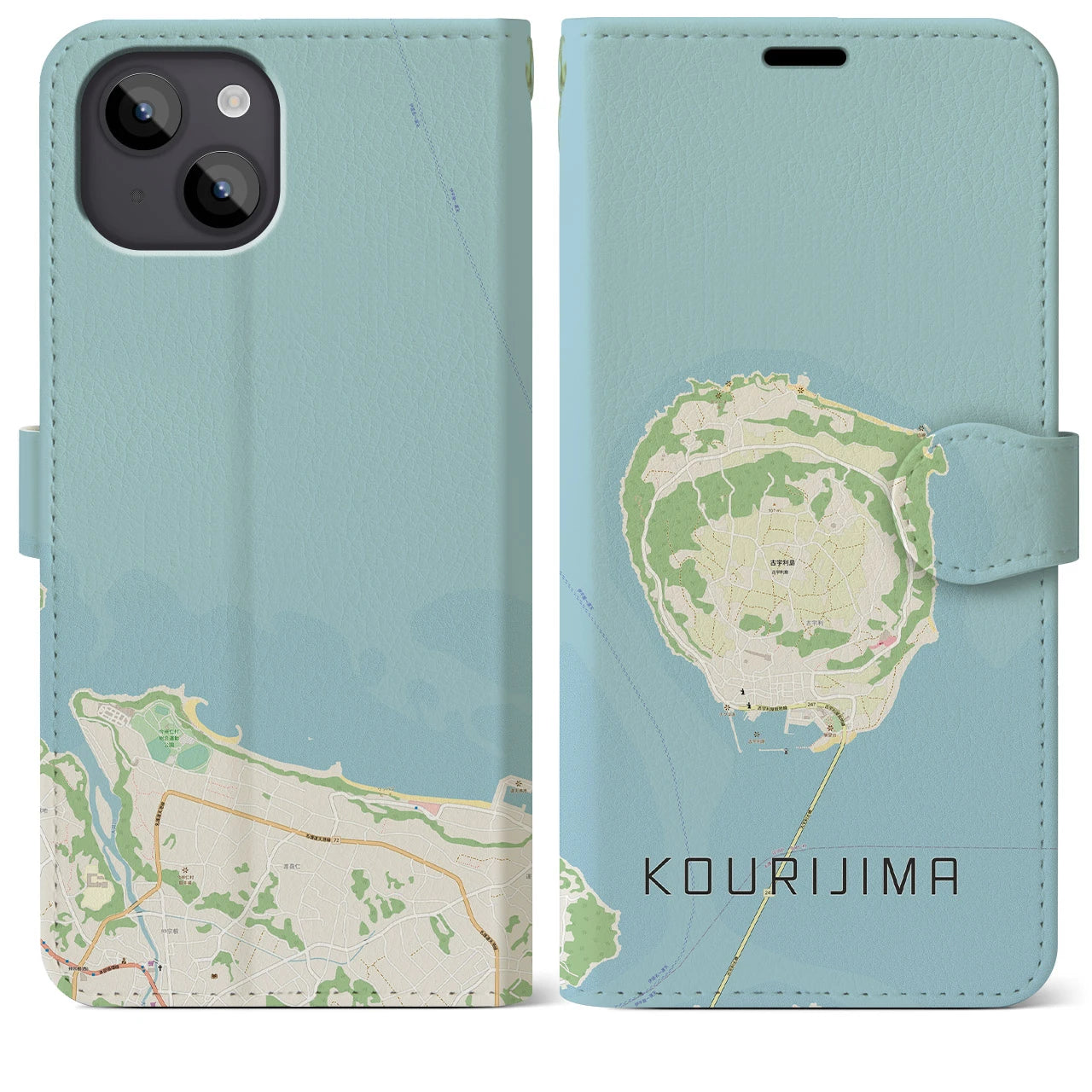【古宇利島(沖縄県)】地図柄iPhoneケース(手帳タイプ)ナチュラル・iPhone 14 Plus 用