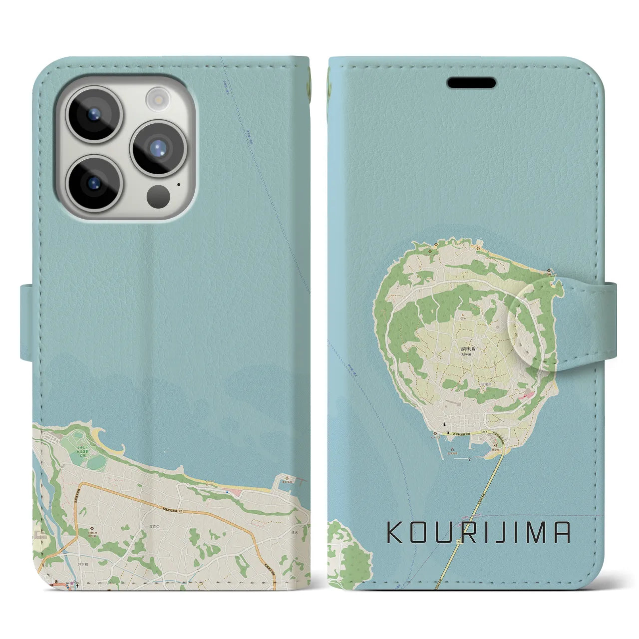 【古宇利島(沖縄県)】地図柄iPhoneケース(手帳タイプ)ナチュラル・iPhone 15 Pro 用